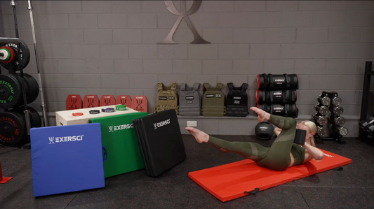 A woman performing yoga on an Exersci workout mat next to a group of Exersci products to illustrate the Exersci blog post entitled "What gym equipment gift does my teenager want?"