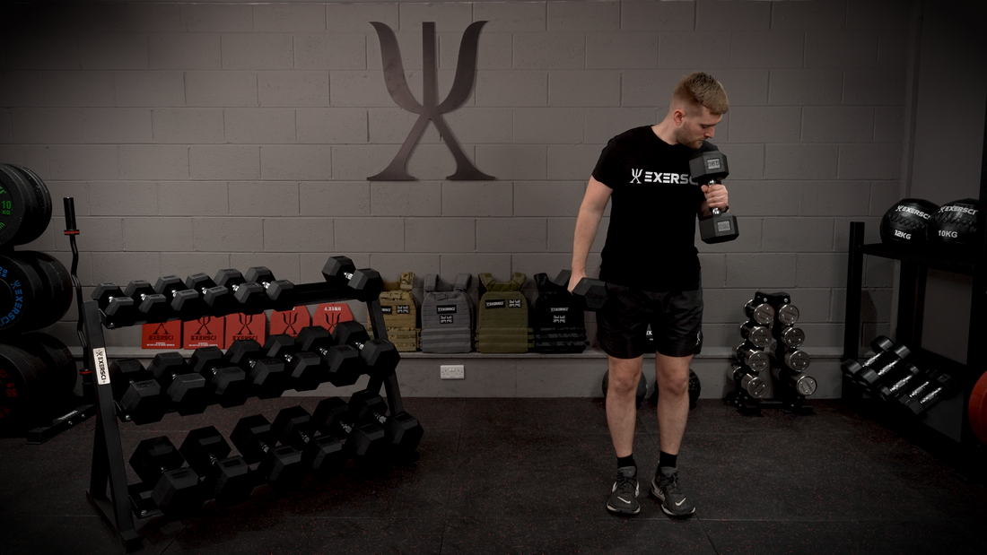 A man exercising with dumbells next to an Exersci branded dumbbell rack to illustrate the Exersci blog entitled 'Should I Buy A Dumbbell Rack?'