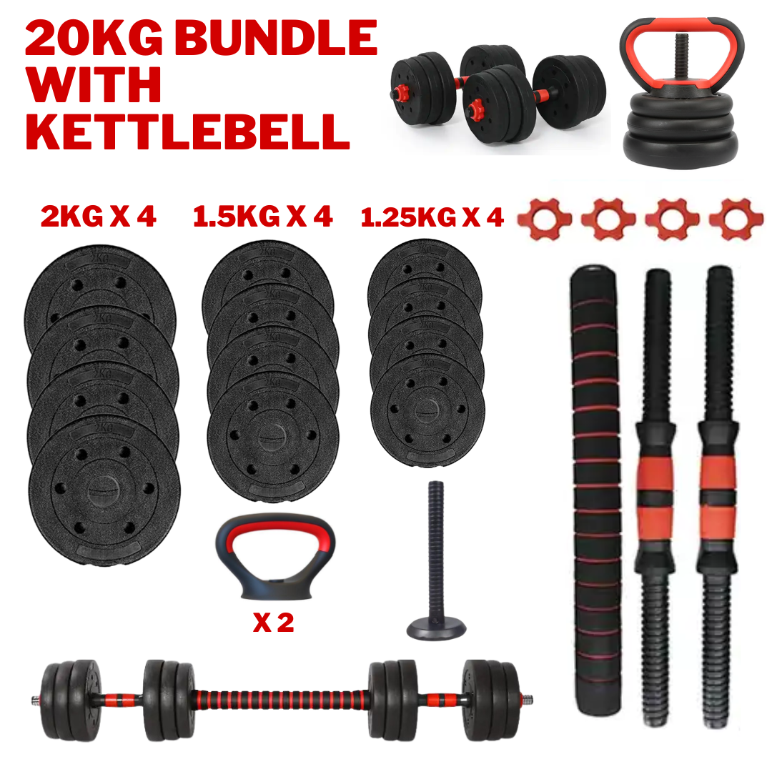 Exersci® Adjustable Dumbbell & Barbell Set with Kettlebell Attachment Option
