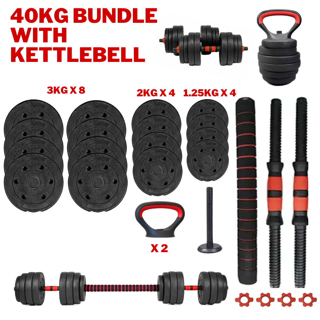 Exersci® Adjustable Dumbbell & Barbell Set with Kettlebell Attachment Option