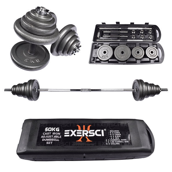 Exersci® 50kg Adjustable Barbell & Dumbbell Set