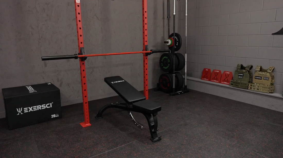 An image of the Exersci commercial bench, barbell and power rack to illustrate the Exersci blog post entitled 'Gym Equipment Gifts to Improve Someone's Performance?'