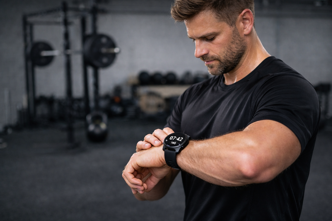 An image of a man in a gym looking at his watch to illustrate the Exersci blog post entitled 'No Time? How Short, Effective Sessions Still Improve Strength'