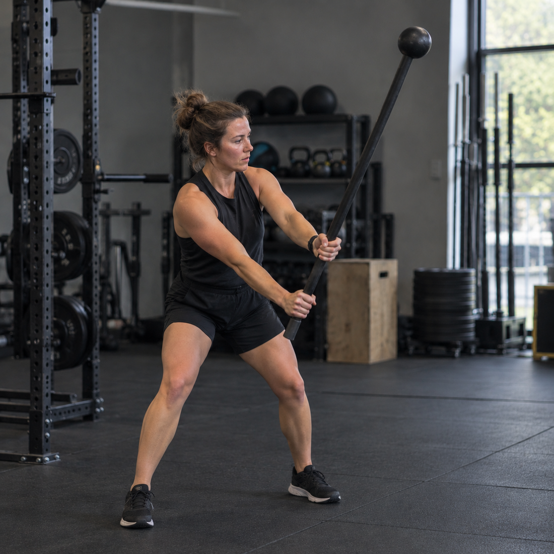 An image of a woman performing macebell training to illustrate the Exersci blog post entitled 'The Complete Beginner's Guide to Macebell Training'