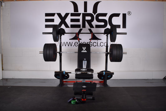 Image of Exersci bench, barbell, rack, plates and accesories in front of the Exersci logo to illustrate the Exersci blog post entitled 'What Gym Equipment Should Every Commercial Gym Have?'