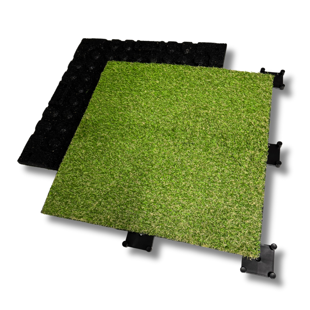 Exersci Artificial Grass Rubber Topped Tiles with Connectors Front and Back View