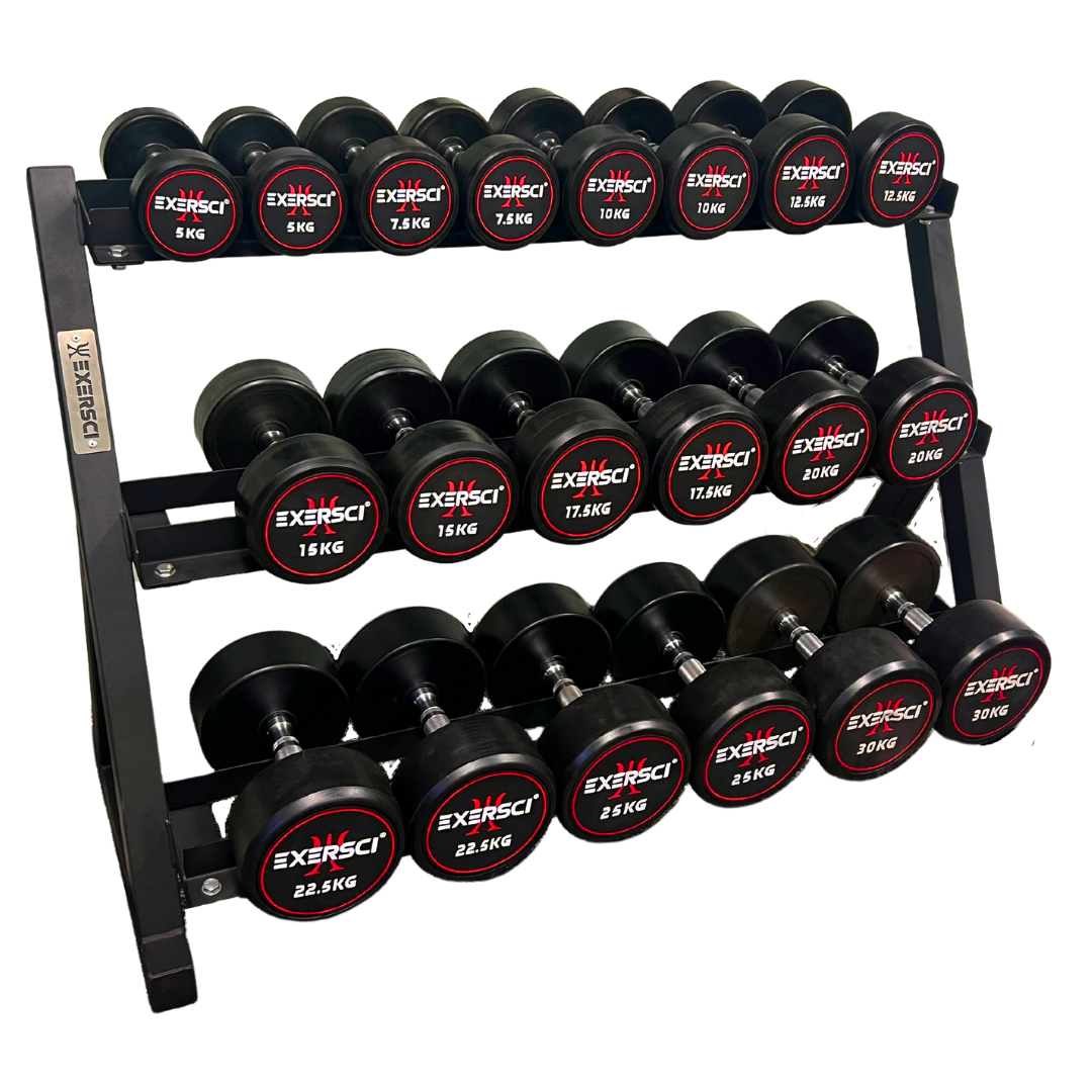 Exersci® 5kg-30kg Round Rubber Dumbbell Bundle with 3-Tier Rack