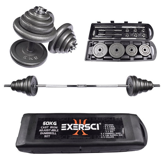 Exersci® 50kg Adjustable Barbell & Dumbbell Set