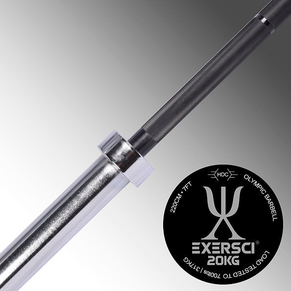 Exersci® 7ft 20kg Black & Chrome Olympic Barbell + 2 x Free Spring Collars