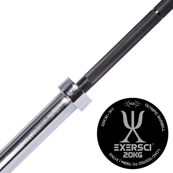 Exersci® 7ft 20kg Black & Chrome Olympic Barbell + 2 x Free Spring Collars