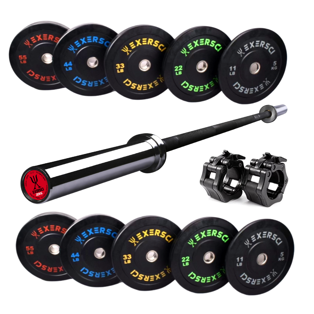 Exersci 150kg Bumper Plate and Barbell Bundle