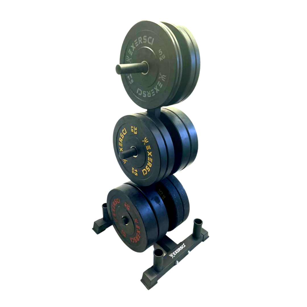 Vertical bumper and barbell storage rack from Exersci pictures with weight plates